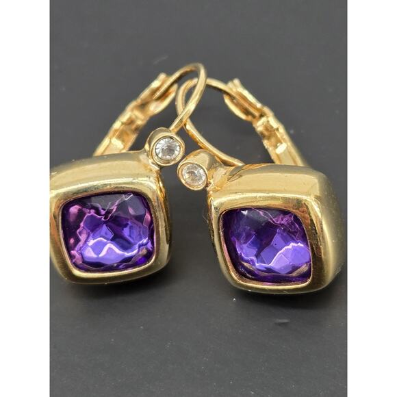 Vintage 90s Joan Rivers Purple Crystal Square Bezel Leverback Earrings - Picture 11 of 11